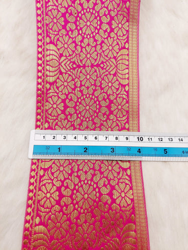 Jacquard Saree Border, Fuchsia Pink And Gold Woven Thread Work Trim, Jacquard Trimming Decorative Trim